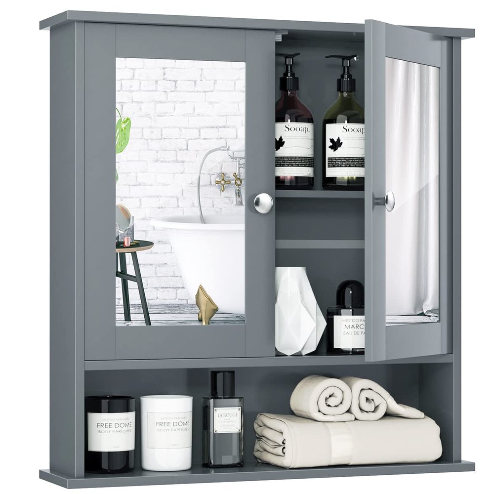 Tangkula Bathroom Medicine Cabinet with Mirror, Wall Mounted Wooden Hanging Organizer with Doors and Shelves, Bathroom Wall Mirror Cabinet (Mirror Doors, Gray)