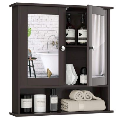 Tangkula Bathroom Medicine Cabinet with Mirror, Wall Mounted Wooden Hanging Organizer with Doors and Shelves, Bathroom Wall Mirror Cabinet (Mirror Doors, Brown)
