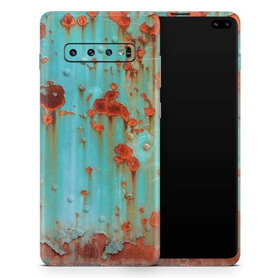 DesignSkinz Teal Painted Rustic Metal | Protective Vinyl Decal Wrap Skin Cover Compatible with The Samsung Galaxy S9 Plus (Full-Body, Screen Trim & Back Glass Skin)