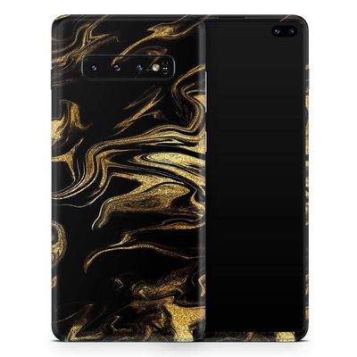 DesignSkinz Black & Gold Marble Swirl V7 | Protective Vinyl Decal Wrap Skin Cover Compatible with The Samsung Galaxy S10 Plus (Full-Body, Screen Trim & Back Glass Skin)