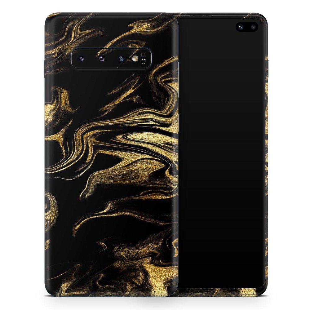 DesignSkinz Black & Gold Marble Swirl V7 | Protective Vinyl Decal Wrap Skin Cover Compatible with The Samsung Galaxy S10 Plus (Full-Body, Screen Trim & Back Glass Skin)
