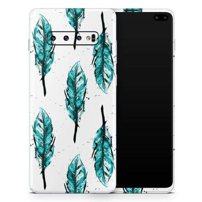DesignSkinz Splattered Teal Watercolor Feathers | Protective Vinyl Decal Wrap Skin Cover Compatible with The Samsung Galaxy Note 10 Plus (Full-Body, Screen Trim & Back Glass Skin)