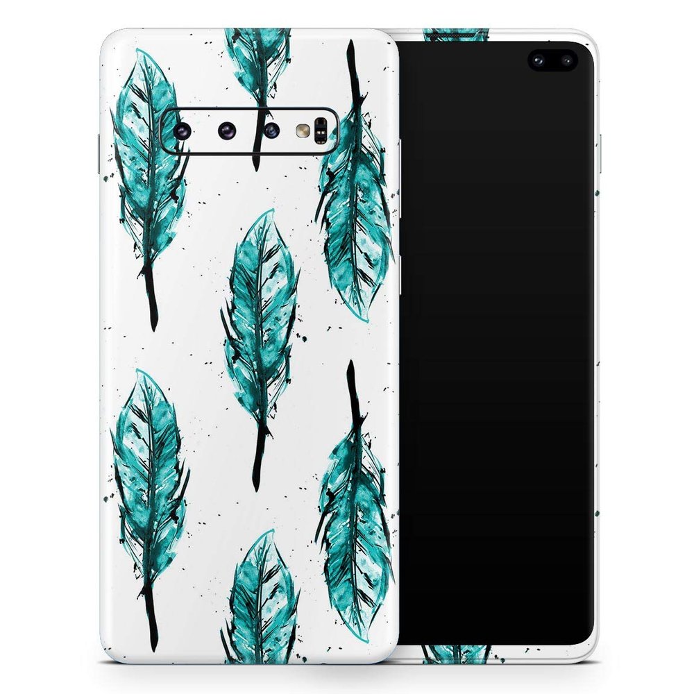 DesignSkinz Splattered Teal Watercolor Feathers | Protective Vinyl Decal Wrap Skin Cover Compatible with The Samsung Galaxy Note 10 Plus (Full-Body, Screen Trim & Back Glass Skin)