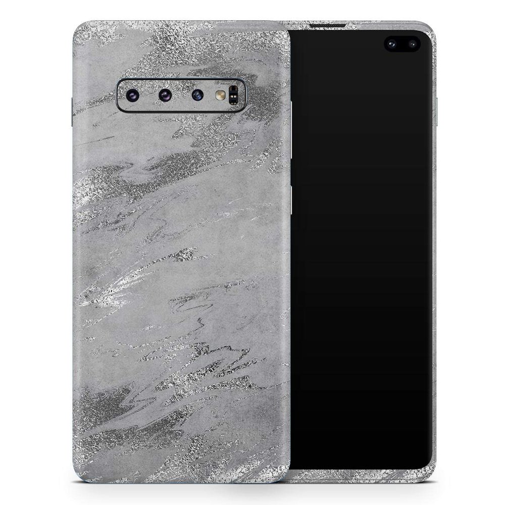 DesignSkinz Dark Silver Marble Swirl V9 | Protective Vinyl Decal Wrap Skin Cover Compatible with The Samsung Galaxy S10 Plus (Full-Body, Screen Trim & Back Glass Skin)