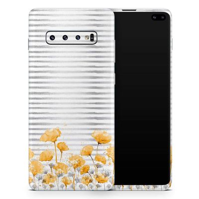 DesignSkinz Karamfila Yellow & Gray Floral V16 | Protective Vinyl Decal Wrap Skin Cover Compatible with The Samsung Galaxy Note 10 Plus (Full-Body, Screen Trim & Back Glass Skin)