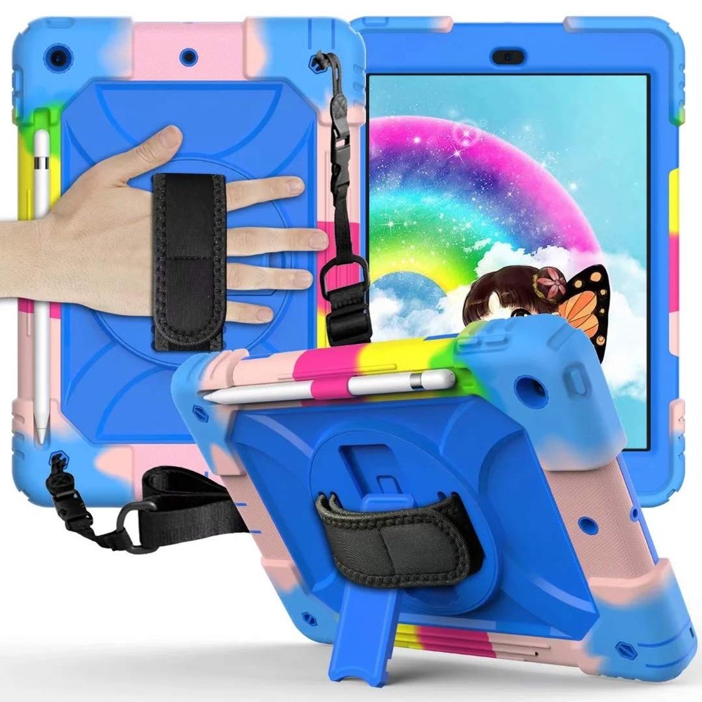 2019 New iPad 10.2 case 7th Gen 360 Rotating Hand Strap/Stand/Shoulder Strap/Pencil Holder Heavy Shockproof Full Body Protection Cover Fashion Color (iPad 10.22019, Colorful+Blue)