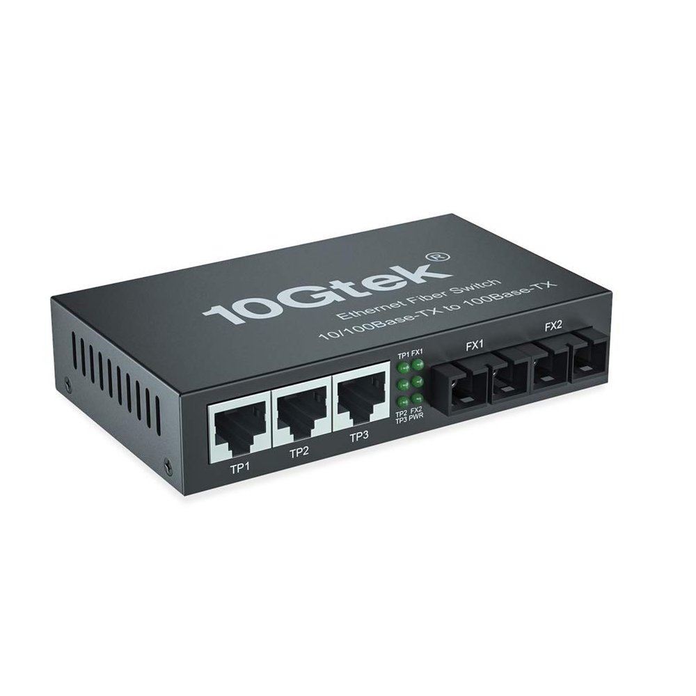 10Gtek 5-Port Fast Ethernet Desktop Fiber Switch, 2 Ports Dual SC Fiber, 20 km