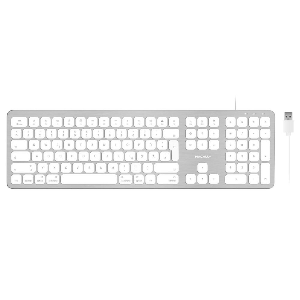 Macally WKEYHUBMB-DE Extended Mac Keyboard with Numeric pad 2 USB Ports and German QWERTZ Key Cap Layout USB-A Aluminium Design