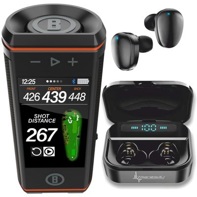 Bushnell Wingman HD View Golf Speaker, 3.5" Touchscreen, GPS Distances, Premium 360 Audio, Waterproof Design, Magnetic Cart Mount with Wearable4U Black Earbuds Bundle
