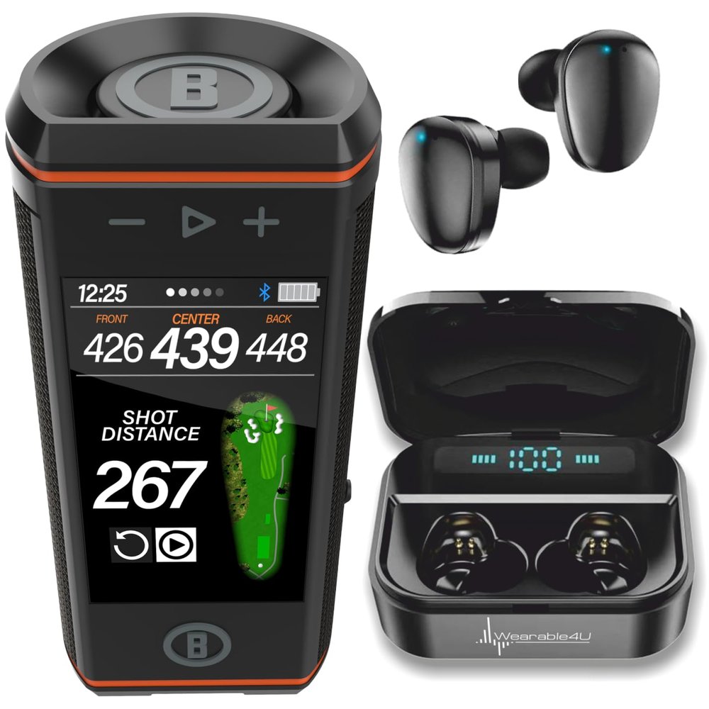 Bushnell Wingman HD View Golf Speaker, 3.5" Touchscreen, GPS Distances, Premium 360 Audio, Waterproof Design, Magnetic Cart Mount with Wearable4U Black Earbuds Bundle