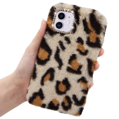 LCHDA Plush Case for iPhone SE/iPhone 5/5S, Cute Bunny Furry Fluffy Shell for Girls Winter Warm Artificial Rabbit Hair Soft TPU Silicone Protective Cover with Luxury Diamond Bowknot - Leopard Beige