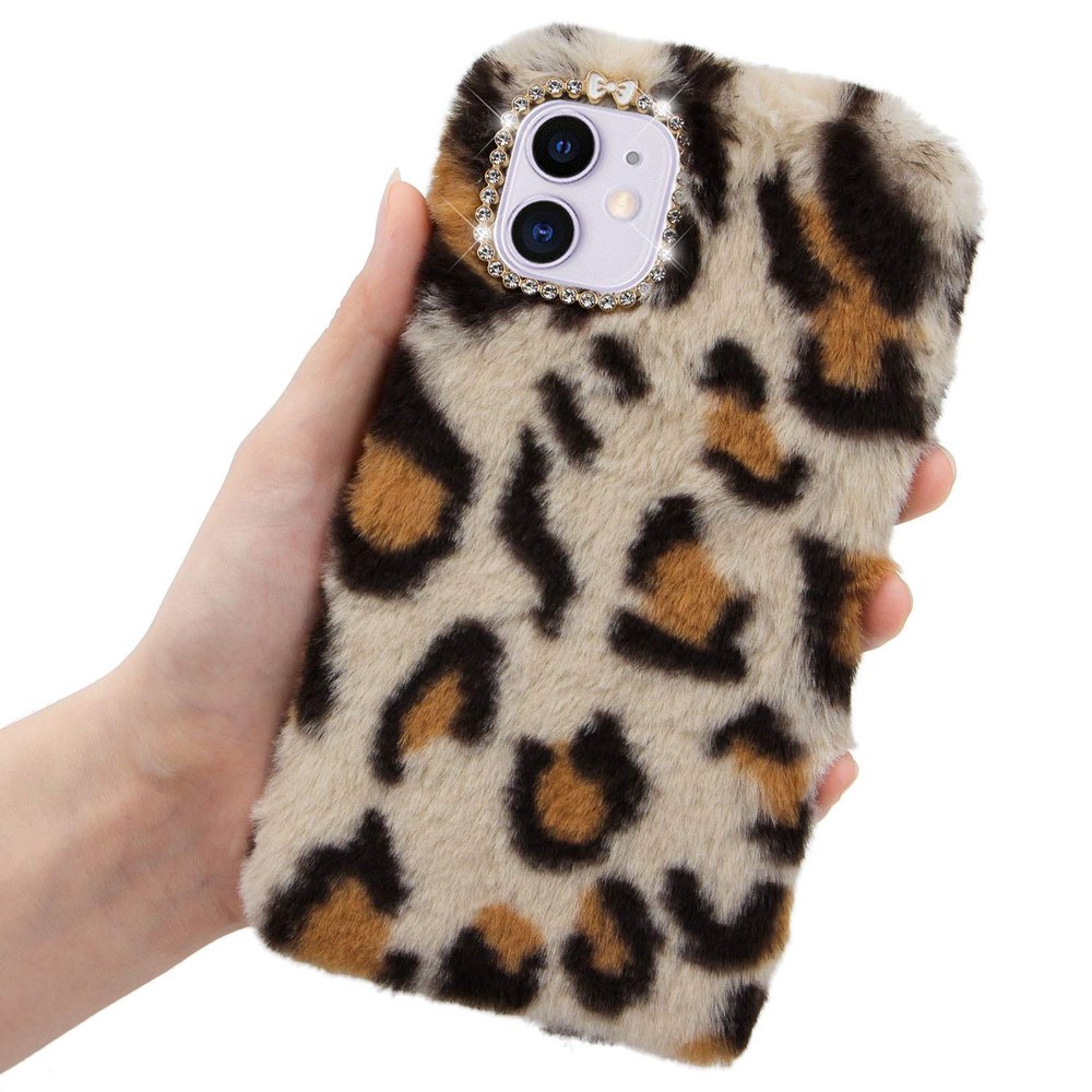 LCHDA Plush Case for iPhone SE/iPhone 5/5S, Cute Bunny Furry Fluffy Shell for Girls Winter Warm Artificial Rabbit Hair Soft TPU Silicone Protective Cover with Luxury Diamond Bowknot - Leopard Beige