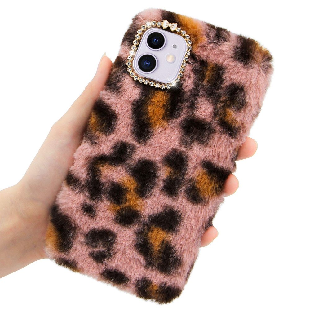 LCHDA Plush Case for iPhone SE/iPhone 5/5S, Cute Bunny Furry Fluffy Shell for Girls Winter Warm Artificial Rabbit Hair Soft TPU Silicone Protective Cover with Luxury Diamond Bowknot - Leopard Pink