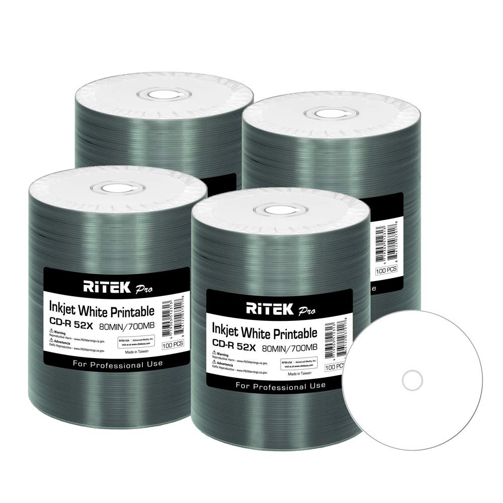 400 Pack Ritek Pro (Professional Grade) CD-R 52X 700MB White Inkjet Hub Printable Blank Media Recordable Disc