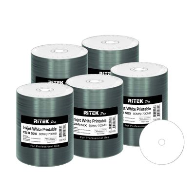 500 Pack Ritek Pro (Professional Grade) CD-R 52X 700MB White Inkjet Hub Printable Blank Media Recordable Disc