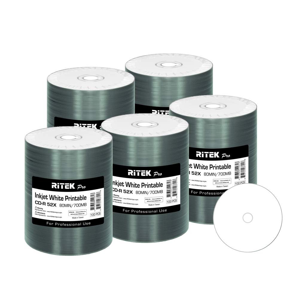 500 Pack Ritek Pro (Professional Grade) CD-R 52X 700MB White Inkjet Hub Printable Blank Media Recordable Disc