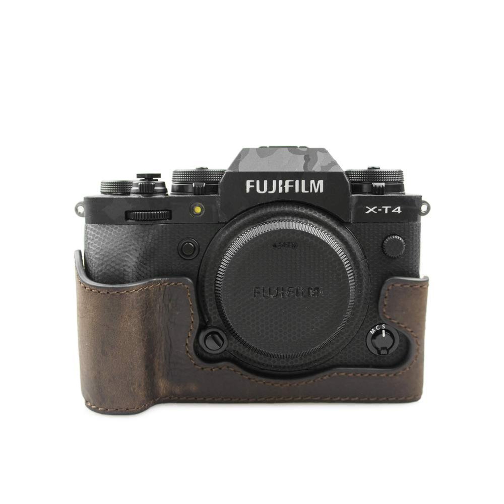 MUZIRI KINOKOO Protective Case Compatible with Fujifilm X-T4, Genuine Leather Half Bottom Camera Case with Grip Design - Coffee