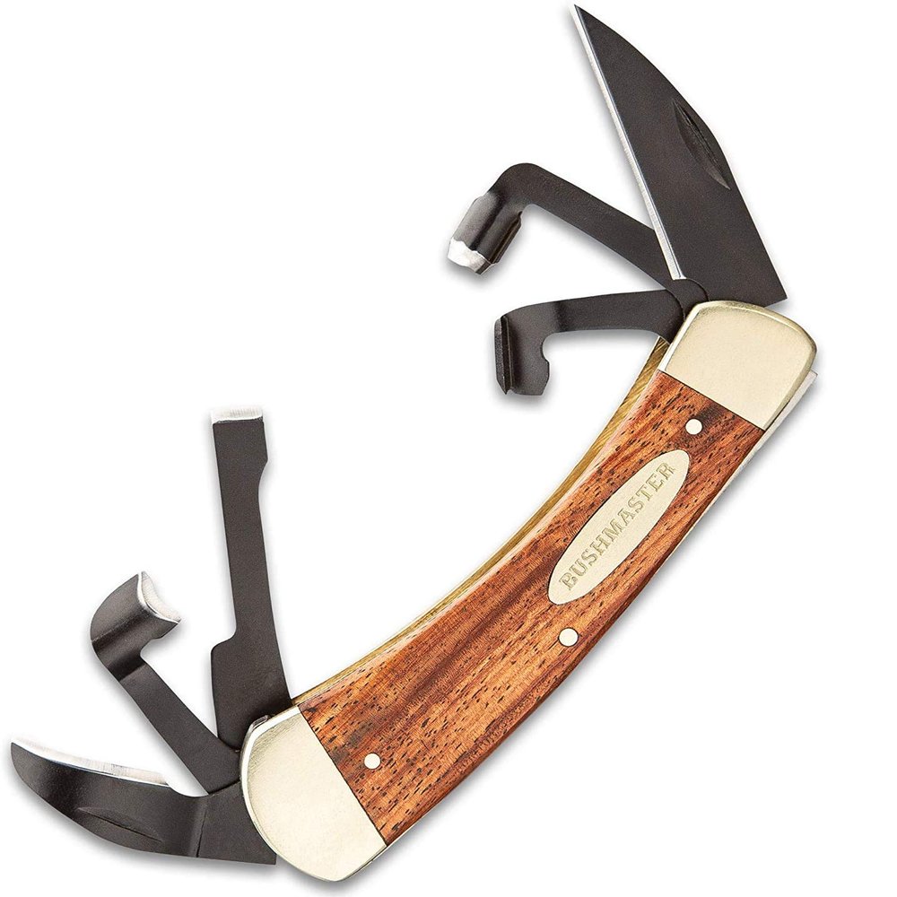 Bushmaster Classic Whittlers Pocket Knife | Folding Whittling Knife with 6 Wood Carving Blades | High Carbon Steel Detail, Gouge, Hook, V-Scorp & Chisel Tools | Hardwood Handle with Medallion