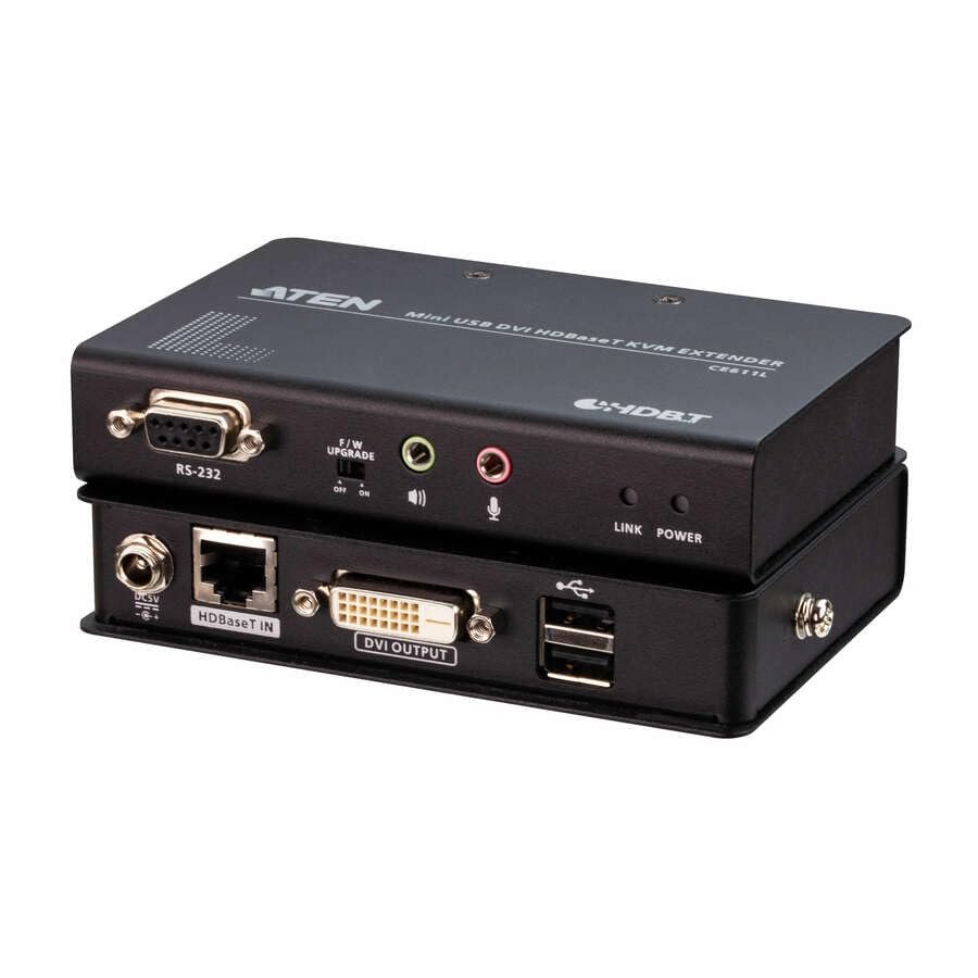 ATEN CE611 Mini USB DVI HDBaseT KVM Extender (1920 x 1200@100m) - 1 Local User(s) - 1 Remote User(s) - 328.08 ft Range - 1920 x 1200 Maximum Video Resolution - 2 x Network (RJ-45) - 3 - 2 x DVI