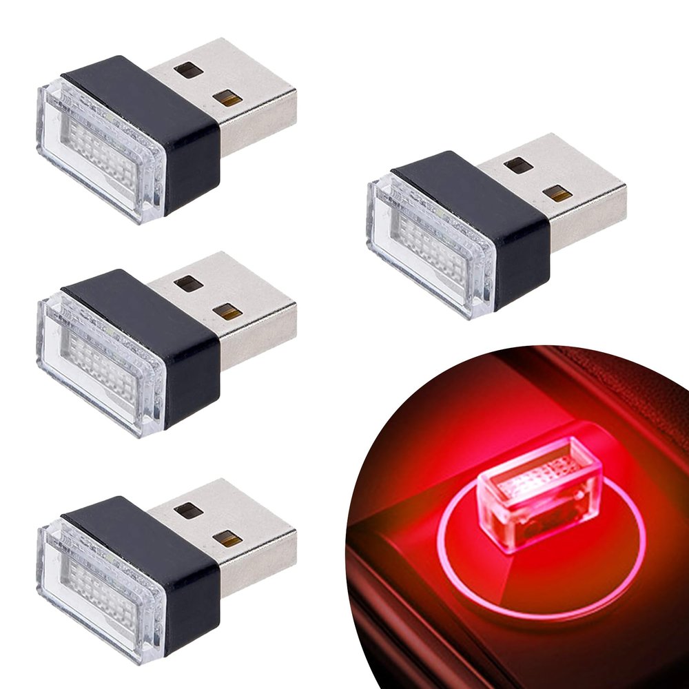 Febrytold 4Pcs Red USB Car Interior Atmosphere Lamps, Universal Mini Led USB Lights for Car Decoration, Lighting