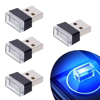 Febrytold 4Pcs Blue USB Car Interior Atmosphere Lamps, Universal Mini Led USB Lights for Car Decoration, Lighting
