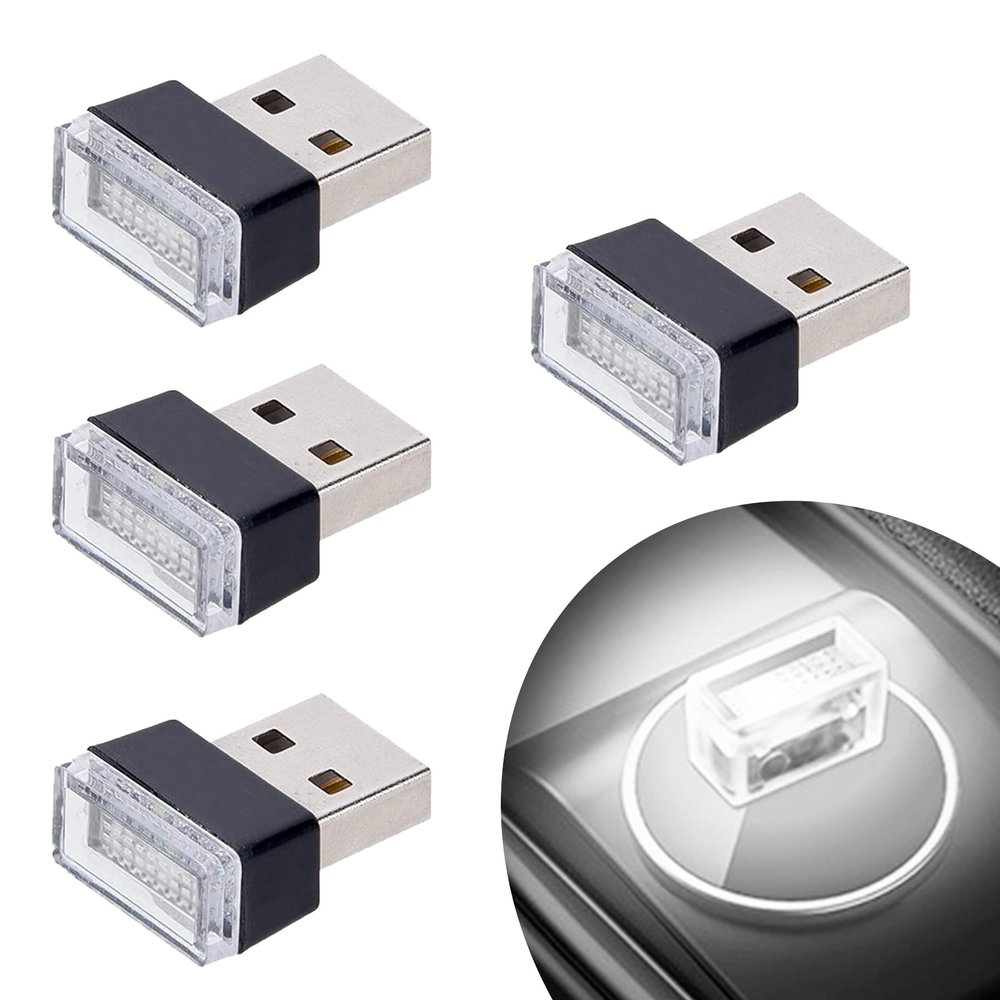 Febrytold 4Pcs White USB Car Interior Atmosphere Lamps, Universal Mini Led USB Lights for Car Decoration, Lighting