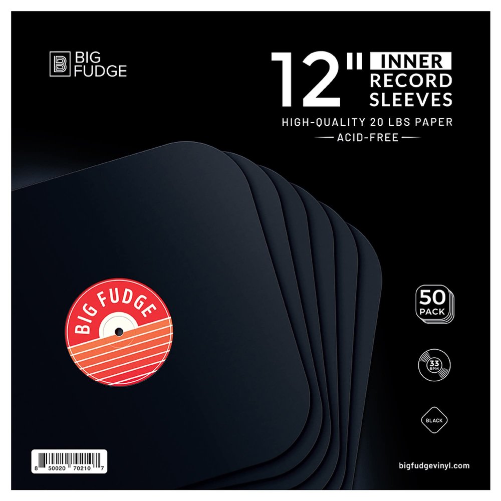 Big Fudge Vinyl Record Inner Sleeves - LP Album Covers in Heavyweight & Acid Free Paper - Protective Cover with Round Corners for 12" Records - Black, 50 Pack