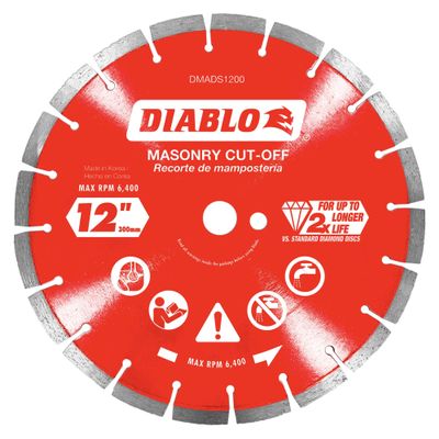 Diablo Diamond Segmented Masonry Cut-Off Blade for Concrete, Brick and Block - 12" Diameter, 2.8mm Kerf, 6400 Max RPM - DMADS1200