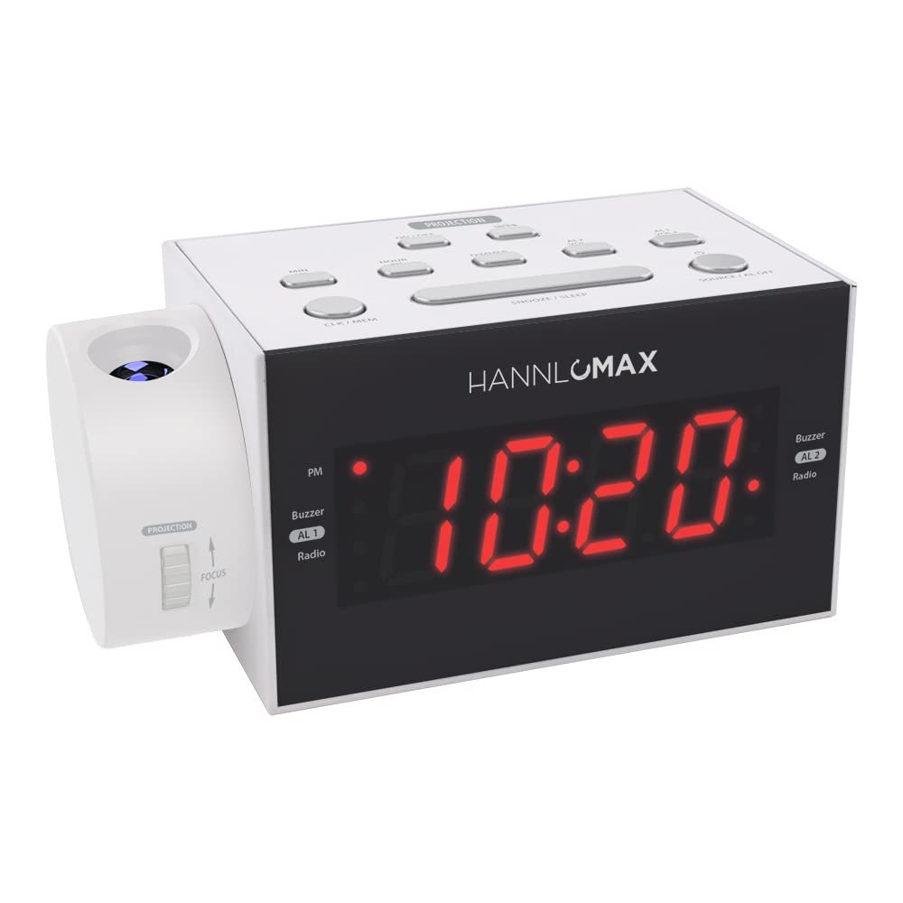 HANNLOMAX HX-109CR PLL FM Radio, Clock with Dual Alarm, Time Projection, 1.2 inches Red LED Display, USB Port for 1A Charging, Aux-in, AC Power Operation only, AC/DC Adaptor Included. (White)