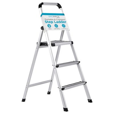 BIRDROCK HOME 3-Step Aluminum Step Ladder - Lightweight Foldable Stepladder with Wide Non-Slip Steps - Ideal for Kitchen, Pantry, Closets, and Home Office - Space-Saving Design - Indoor Use - Silver