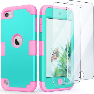 IDweel for iPod Touch Case with 2 Screen Protectors, 3 in 1 Hard PC Case + Silicone Shockproof for Kids Heavy Duty Hard Case Cover for iPod Touch 7th/6th/5th Generation,Mint+Pink