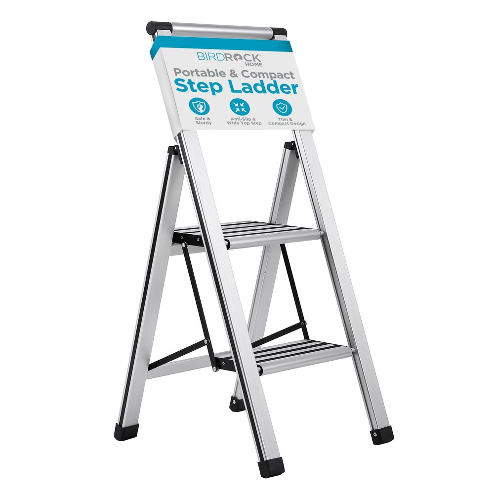 BIRDROCK HOME 2 Step Ladder | Folding Anti-Slip Step Stool, 250 lb Capacity | Lightweight, Slim & Sturdy Design for Household, Kitchen, Garage, Indoor & Outdoor Use | Collapsible, Portable, Heavy-Duty
