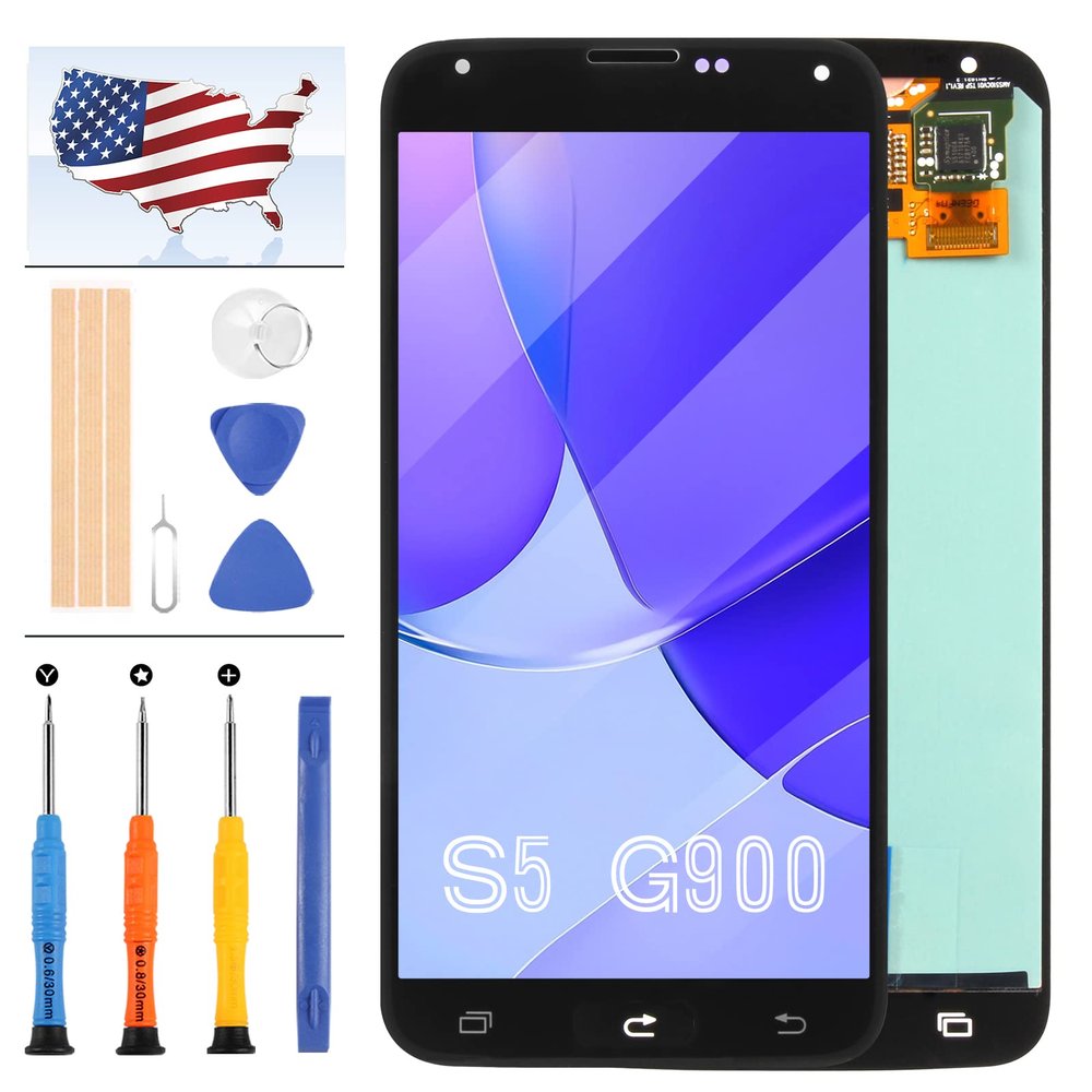 AMOLED Material Screen Replacement for Samsung Galaxy S5 G900 G900A G900P G900V G900T G900R4 G900F G900H LCD Display Touch Assembly Matrix Replacement Parts Sensor Digitizer Glass Kit (AMOLED Black)