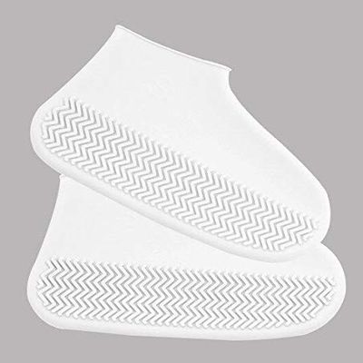 Waterproof Shoes Covers Silicone Reusable Wear-Resistant Anti-Slip Overshoe Foldable Galoshes Shoe Protectors Rain Boots for Men Women Kids (Small, White)