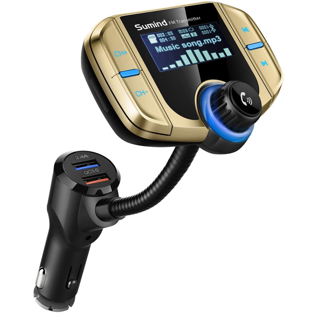Sumind 2026 Upgraded Wireless Bluetooth Car Adapter FM Transmitter, 1.7'' LCD Display, Flexible Gooseneck, 20W QC3.0&Dual USB Ports, AUX Input/Output for Hands-Free Call, Micro/TF Card(Golden,Normal)