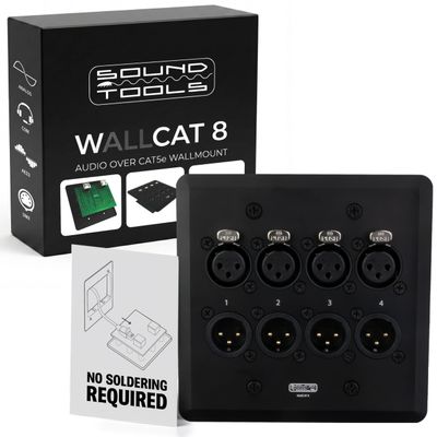 SoundTools WallCAT 8 4 Channel XLR Wall Plate 2 Gang Black Brushed Aluminum Solderless Installation Fits Standard 4 Inch Junction Boxes Supports Analog Audio AES3 DMX Intercom Male/Female