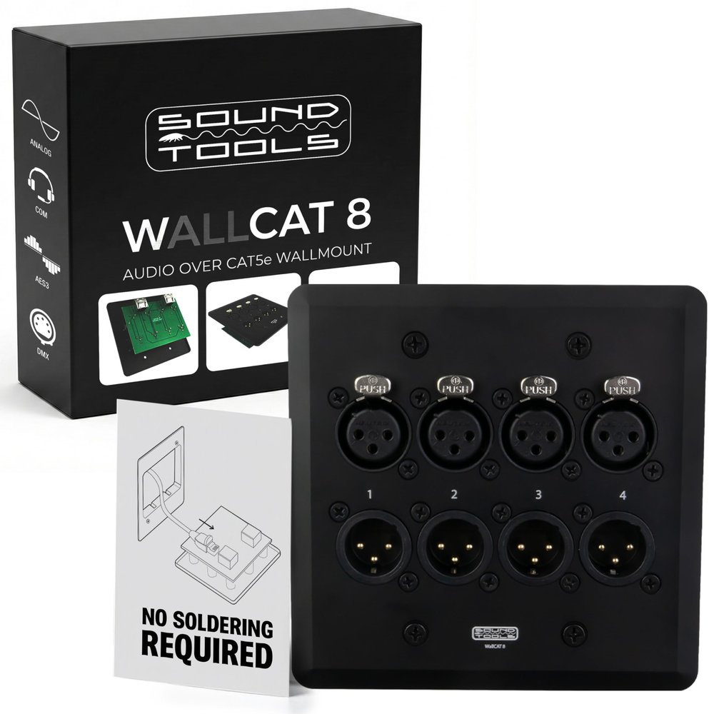 SoundTools WallCAT 8 4 Channel XLR Wall Plate 2 Gang Black Brushed Aluminum Solderless Installation Fits Standard 4 Inch Junction Boxes Supports Analog Audio AES3 DMX Intercom Male/Female