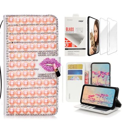 STENES Bling Wallet Phone Case Compatible with Moto G Stylus - Stylish - 3D Handmade Pearl Lattice Sexy Lips Design Leather Cover with Screen Protector [2 Pack] - Pink