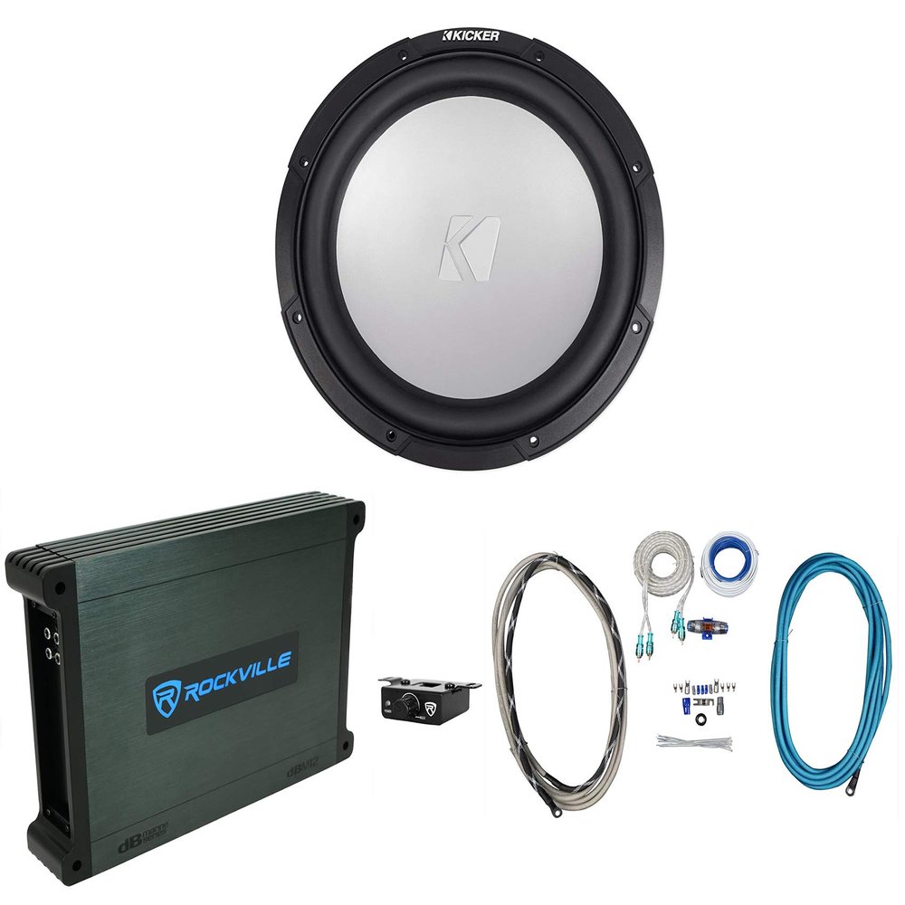 KICKER 45KM122 12" 350w Marine Boat Subwoofer Sub KM12 Bundle with Rockville DBM12 2000w Mono Amplifier w/Covers+Bass Remote & Rockville RMWK4 Amplifier Install Wire Kit (3 Items)
