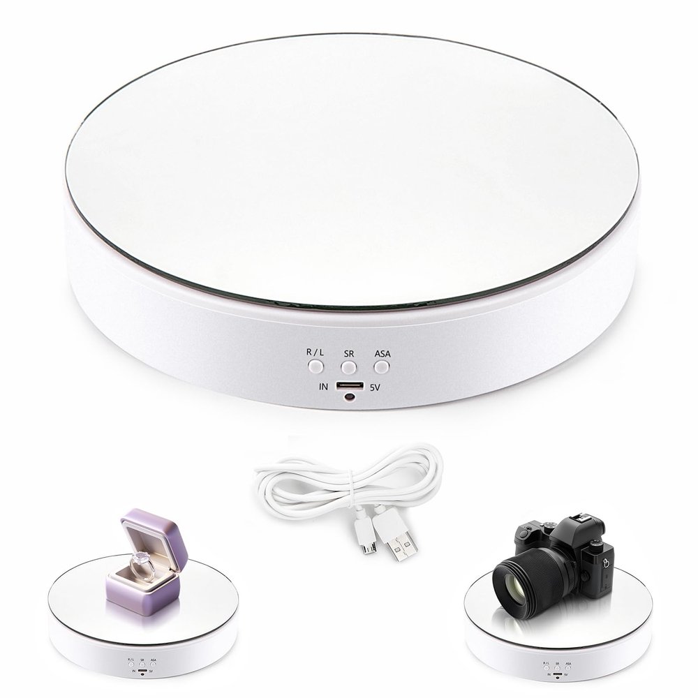 Leadleds Motorized Rotating Display Stand, 360 Degree Rotation 7.7" Top Mirror, Rotation Speed and Angle Adjustable Display Turntable for Photography, Video, Product Display (White)