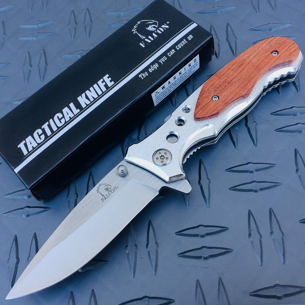 Falcon Tactical Folding Pocket Knife EDC Utility Knife with Wood Handle, Folding Blade & Pocket Clip  Camping, Hiking & Outdoor Use (Grey)