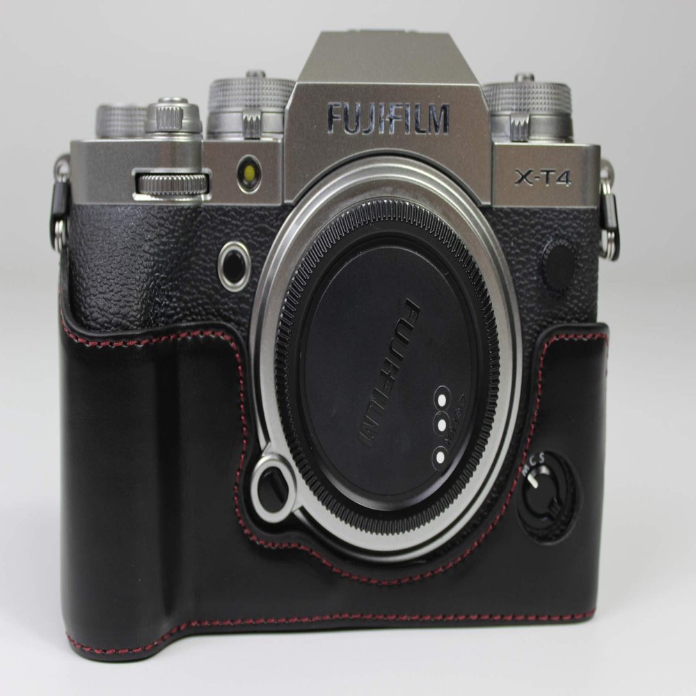 X-T4 Case, BolinUS Handmade PU Leather Half Camera Case Bag Cover Bottom Opening Version for Fujifilm Fuji X-T4 XT4 with Hand Strap (Black)