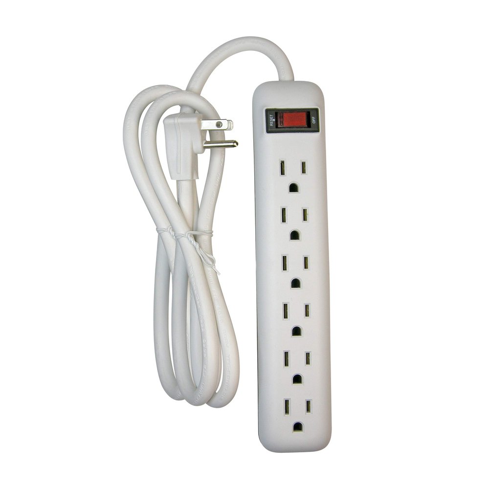 Clear Power 6 Outlet Power Strip, 8 ft Long Power Cord, Low-Profile Flat Plug, 3-Prong Grounded, White, 15 Amp Circuit Breaker, DC3S-0004-DC