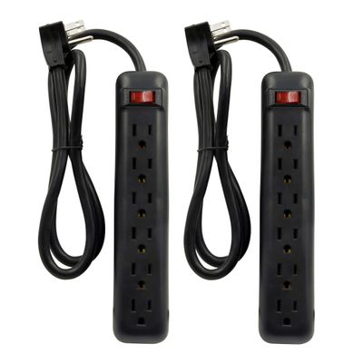 Clear Power 2-Pack 6 Outlet Power Strip, 3 ft Power Cord, Low-Profile Flat Plug, 3-Prong Grounded, Black, 15 Amp Circuit Breaker, DC3S-00232P-DC