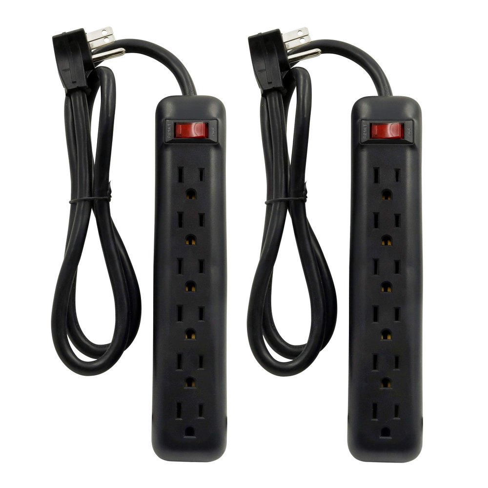 Clear Power 2-Pack 6 Outlet Power Strip, 3 ft Power Cord, Low-Profile Flat Plug, 3-Prong Grounded, Black, 15 Amp Circuit Breaker, DC3S-00232P-DC