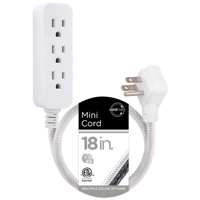 Cordinate Designer Mini 3-Outlet Power Strip, 18 in Braided Extension Cord, Grounded Adapter, Low-Profile Flat Plug, ETL Listed, White/Gray, 47297