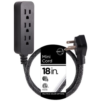 Cordinate Designer Mini 3-Outlet Power Strip, 18 in Braided Extension Cord, Grounded Adapter, Low-Profile Flat Plug, ETL Listed, Black/Dark Heather, 47298