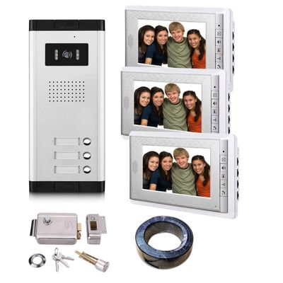 AMOCAM 3 Units Apartment Video Intercom System, Wired Video Door Phone Include Electronic Door Lock + 150FT RVV4 Wire