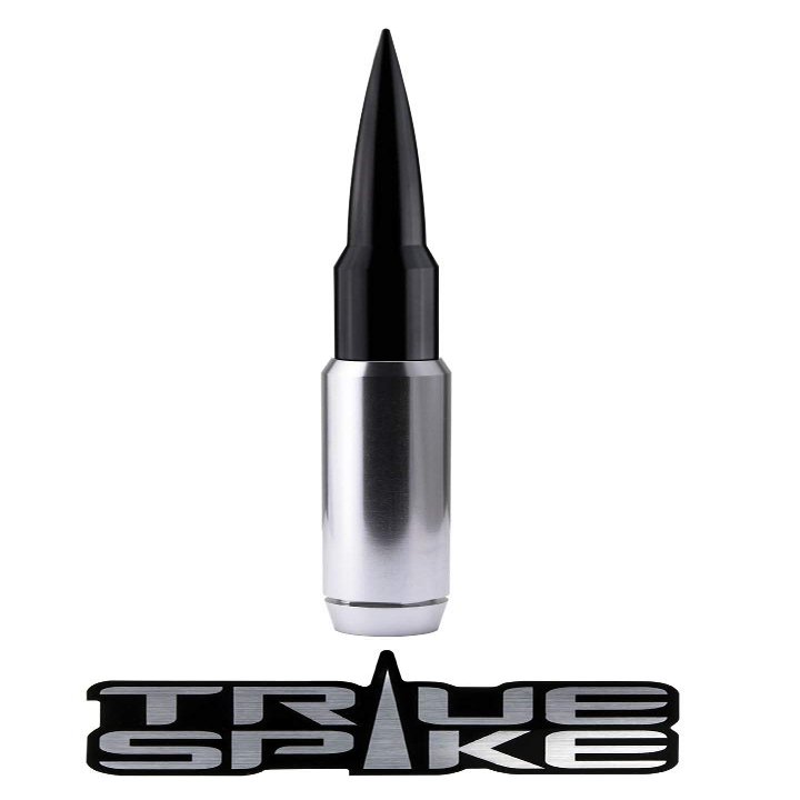 TRUE SPIKE 9 inch SILVER BLACK TIP PENETRATOR FAT BULLET ANTENNA with ANTI-THEFT + COPPER COIL in Heavy Gauge CNC Machined Billet Aluminum Short Compatible with Jeep Wrangler JK JKU JL JLU