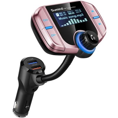 Upgraded Bluetooth FM Transmitter, Wireless Radio Adapter Hands Free Car Kit with 1.7'' Display, QC3.0 and Smart 2.4Amp Dual USB Ports, AUX Input/Output, TF Card Mp3 Player (Normal, Rose Gold)